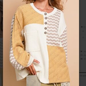 POL Long Sleeve Quilted Rib Woven Contrast Top NWOT